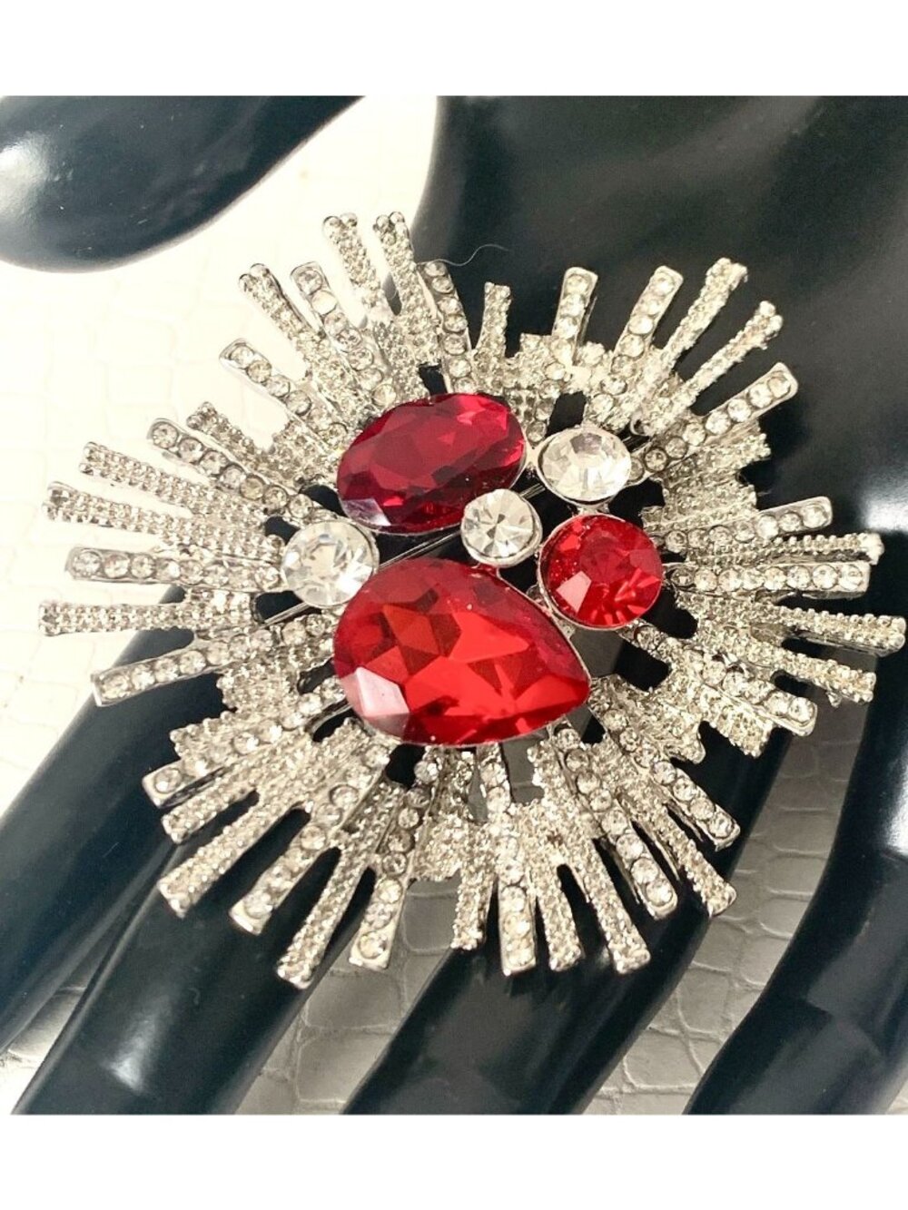 Vintage Rhinestone & Teardrop Red Crystals Brooch Pin Statement Costume